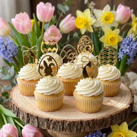 Gold Mirror Acrylic Easter Bunny Cupcake Topper Charm Hollow Out Gift Tags For Easter Party Cake Decoration Ornaments