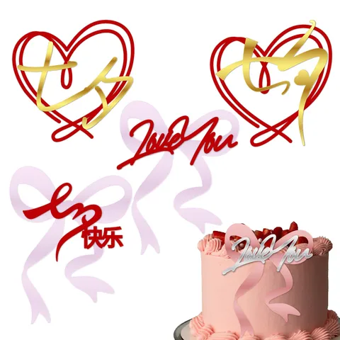 Acrylic Heart Bow Cake Toppers For Valentine's Day Wedding Party Cake Decoration Love You Letters Mirror Acrylic Cake Ornament
