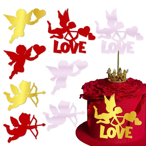 Cupid Angel Acrylic Cake Topper Love Arrow Heart Mirror Finish Cake Decoration For Valentine's Day Wedding Birthday Party