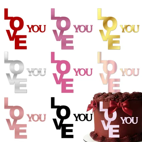 Acrylic LOVE YOU Cake Topper For Valentine's Day Wedding Birthday Party Decoration Mirror Gold Red Black With Velvet Bow