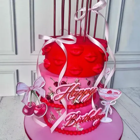 Acrylic Happy Birthday Cake Topper Double Layer Ins Style Pink Red Cake Decoration For Birthday Party Bakery Decor Supplies