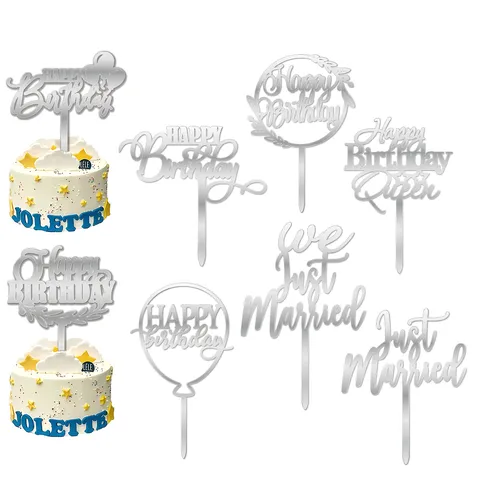 Décoration de Gâteau Happy Birthday en Acrylique Just Married Lettrage Or Argent Inserts pour Dessert Articles de Fête
