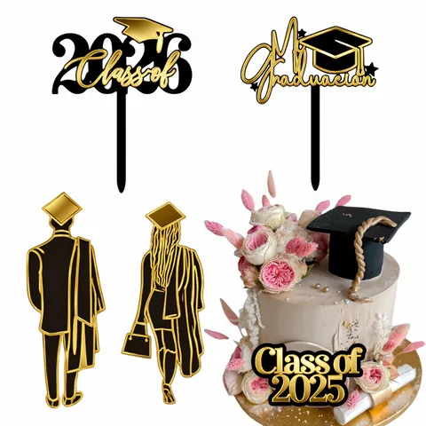 Acrylic Graduation Cake Topper Black Gold Double Layer Doctor Silhouette Cake Insert For Graduation Party Decoration