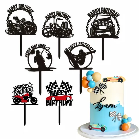 Adorno para Pastel de Cumpleaños Acrílico Hombres Niños Motocicleta Coche de Carreras Skateboard Pesca Tema Fiesta Negro Rojo