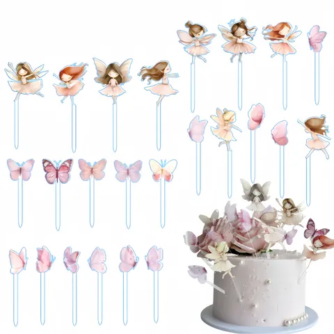 Décorations de Gâteau Fée Papillon en Acrylique Transparent Imprimé UV Style Aquarelle pour Fête d'Anniversaire de Fille
