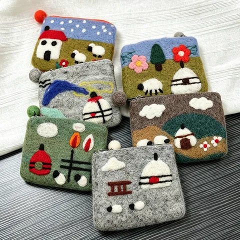 Handmade Wool Felt Coin Purse Cute Cartoon Animal Sheep Design Card Holder Portable Creative Storage Wallet