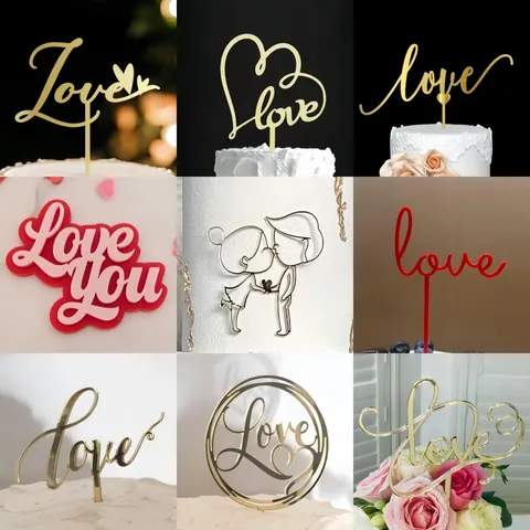 Acrylic Love Heart Cake Topper Ins Style Wedding Birthday Valentine Day Dessert Table Decoration Mirror Gold Red Pink
