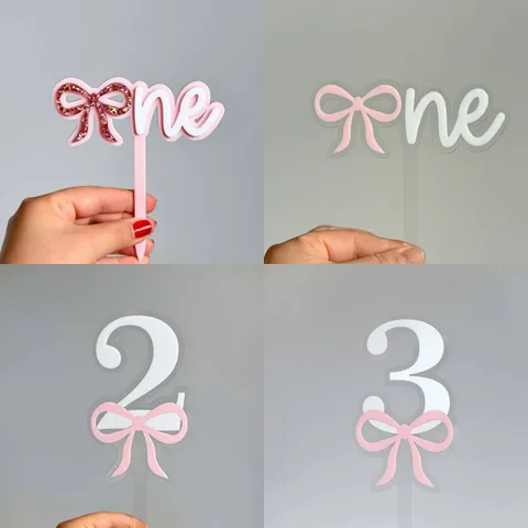Ins Style Acrylic Double Layer Cake Topper Bow Number One Two Three Birthday Party Celebration Dessert Table Decoration