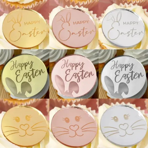 Acrylic Mirror Easter Bunny Cupcake Toppers Laser Engraved Happy Easter Cake Decorations For Party Baking Supplies