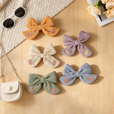 Sweet Cotton Linen Bowknot Hair Clip With Cherry And Swan Embroidery Sweet Girl Cute Hair Accessories Hairpin