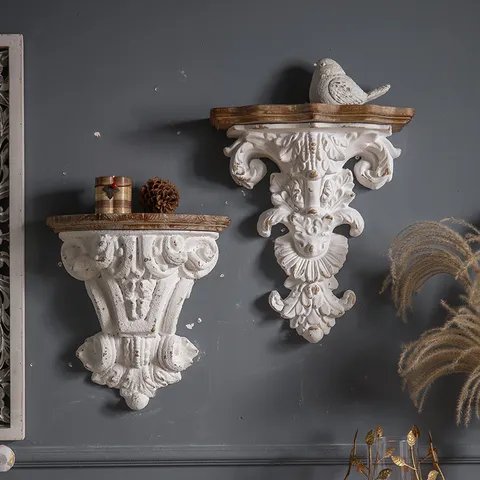French Vintage Distressed Wall Mounted Storage Shelf Fir Wood And Magnesium Oxide Relief Hanging Display Rack For Living Room Bedroom Home Decor