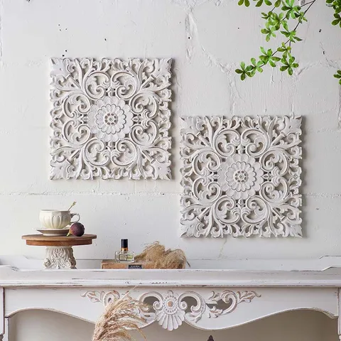 French Vintage Wood Wall Hanging Relief Carved Square Mural Home Decor For Living Room Dining Room Porch