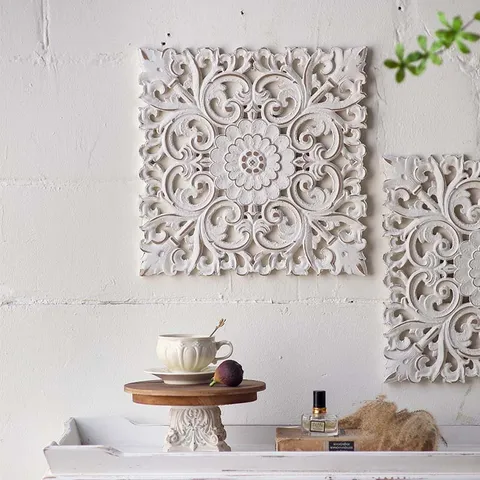French Vintage Wood Wall Hanging Relief Carved Square Mural Home Decor For Living Room Dining Room Porch