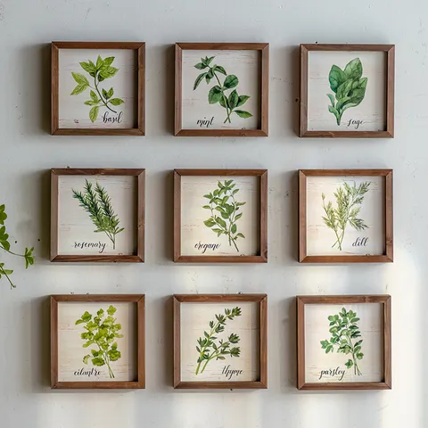 American Country Style Nine Grid Plant Specimen Wall Art Wooden Framed Botanical Painting For Living Room Decor