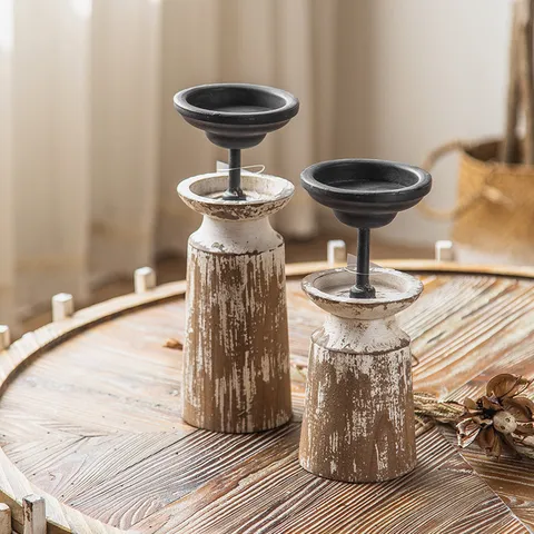Candelabro de Madera Vintage Desgastado Base de Madera Retro Con Bandeja de Metal Para Decoración de Mesa