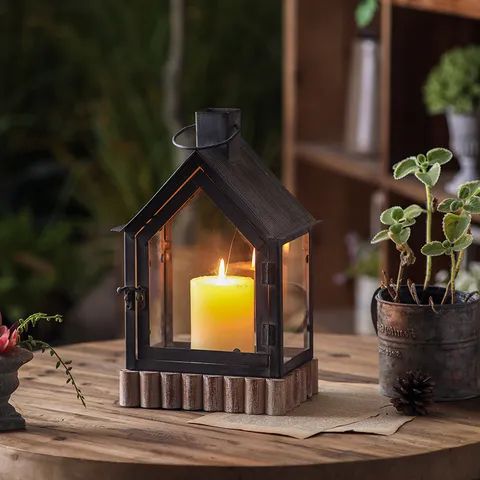 Gothic Small House Candle Holder Retro Iron And Glass Decorative Lantern Wind Lamp For Home Indoor Living Room Decor