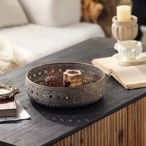 Vintage Palace Style Iron Hollow Carved Fruit Tray Set Desktop Sundry Storage Tray Antique Bronze Decorative Tray