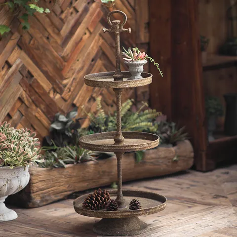 Industrieel IJzeren Plantenstandaard Retro Verouderde Drielagige Plantenhouder Opbergrek Voor Tuin Buiten Huisdecoratie Display