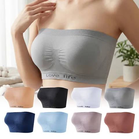 Damen Trägerloser Nahtloser Sport-BH Atmungsaktives Nylon Bandeau Top Mit Buchstaben-Print Einteilige Bequeme Unterwäsche
