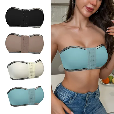 Damen Trägerloser Bandeau-BH Mit Glitzerbesatz Nahtloser Kabelloser Push-Up Atmungsaktives Tube-Top Mit Schnalle Vorne