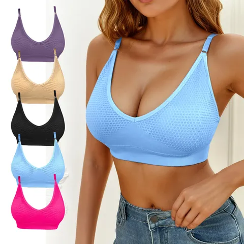 Women Seamless Wireless Bra Comfortable Breathable Mesh Bralette Soft Support Skin-Friendly Daily V-Neck Lingerie Top