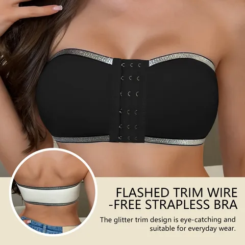 Damen Trägerloser Bandeau-BH Mit Glitzerbesatz Nahtloser Kabelloser Push-Up Atmungsaktives Tube-Top Mit Schnalle Vorne