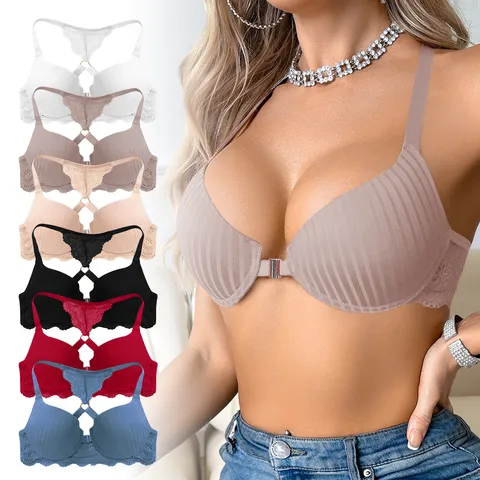 Zeriluna Women Front Clasp Seamless Push Up Bra Lace Beauty Back Ribbed Breathable Bralette Daily Comfortable Lingerie