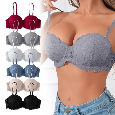 Women Push Up Bra Comfortable Soft Breathable Seamless Scalloped Lace Bra For Everyday Wear Adjustable Underwire Top