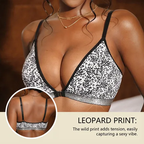 Sexy Luipaardprint Voorsluiting Beha Voor Dames Dunne Bandjes Driehoekscup Comfortabele Lingerie Nylon Elastaan Naadloze Beha Top
