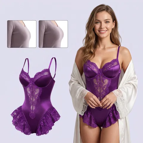 Body Sexy en Dentelle et Satin pour Femmes Col en V Lingerie avec Bordure en Dentelle Satin Brillant Body Patchwork