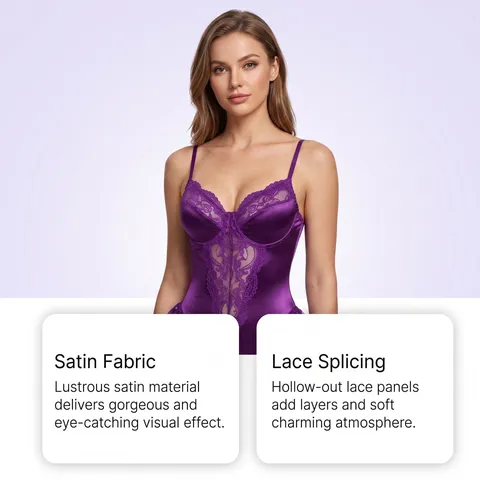 Body Sexy en Dentelle et Satin pour Femmes Col en V Lingerie avec Bordure en Dentelle Satin Brillant Body Patchwork
