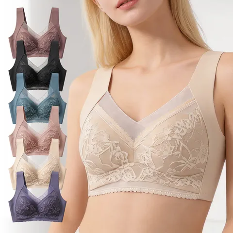 Women's Wire-Free Lace Bra Comfortable Breathable Wide Shoulder Straps Bralette Fixed Cup Seamless Lingerie Daily Intimates