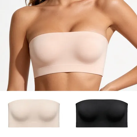 Damen Nahtloser Schulterfreier BH Nylon Elastan Rutschfestes Bandeau Dünne Formschale Unterwäsche Atmungsaktive Unsichtbare Lingerie