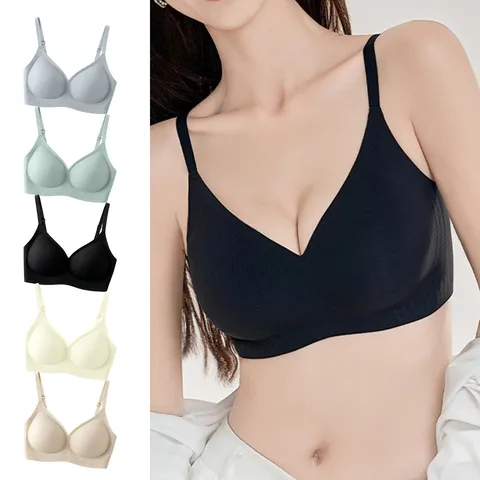 Women's Seamless Ribbed Soft Support Bra V-Neck Wireless Bralette Comfortable Everyday Underwear Basic Intimates
