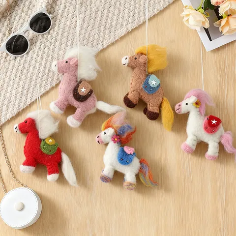 Handmade Wool Felt Pony Plush Toy Cute Cartoon Animal Doll Hanging Ornament For Kids Room Home Car Decor