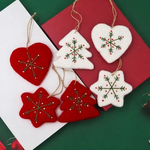 Árbol de Navidad Copo Corazón Adornos Colgantes Tela de Fieltro Fiesta Navideña Decoración Colgante de Árbol Rojo Blanco
