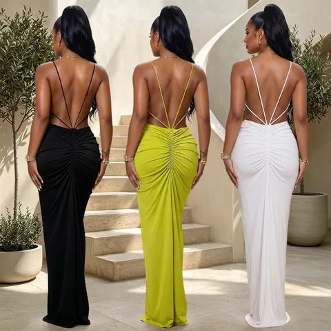 Damen Sexy Spaghettiträger V-Ausschnitt Ausschnitt Schlitz Abendkleid Elegant Bodycon Polyester Elasthan Rückenfrei Maxi Kleid