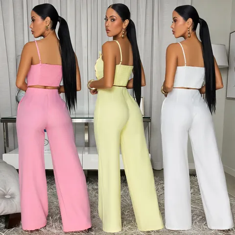Damen Einfarbig Plissiertes Cami-Top Und Weites Bein Hose Zweiteiliges Set Mit Metallschnalle Lässiges Büro-Outfit