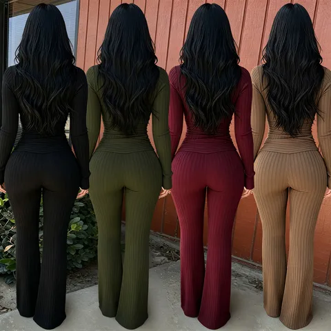 Women's Ribbed Knit Long Sleeve Jumpsuit Sexy Hollow Out High Waisted Flared Wide Leg One Piece Romper Casual Commuting