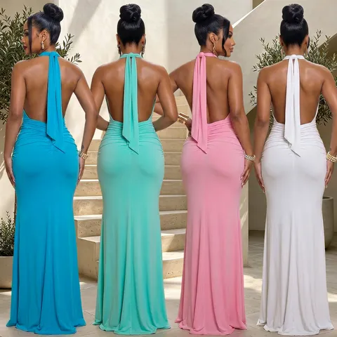 Damen Elegantes Halter Tiefer V-Ausschnitt Gerafft Meerjungfrau Abendkleid Slim Fit Party Maxi Kleid Für Bankett Zeremonie Damen Hochzeit Gast Kleid
