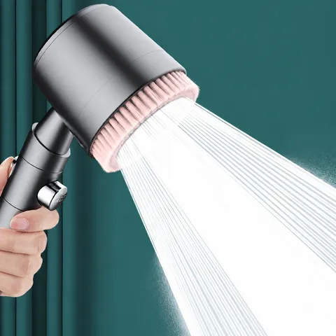 Handheld Pressurized Shower Head Filter Bathing Showerhead Set With Massage Brush And One-Stop Button Bathroom Supplies