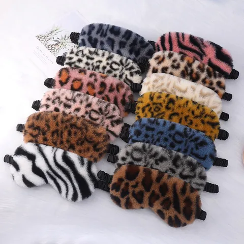 Plush Leopard Print Sleep Eye Mask Soft Synthetic Rabbit Fur Satin Back Blackout Eye Cover For Travel Home Sleeping Men Women