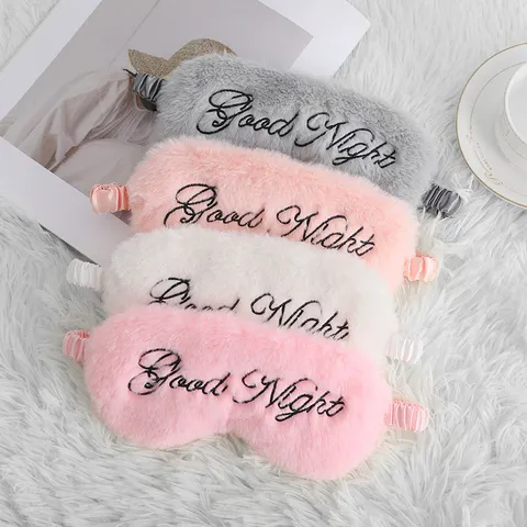 Kaninchenfell-Imitat Satin Schlafmaske Good Night Gestickte Plüsch Verdunkelung Augenmaske Für Damen Reisen Komfortable Augenblende