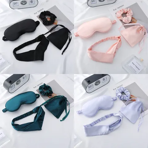 Satin Sleep Mask Set With Hairband Scrunchie Storage Bag For Women Travel Home Shading Sleeping Mask Satin Eye Mask