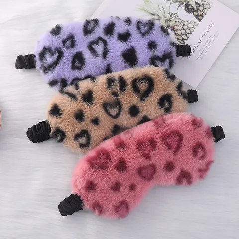 Cute Cartoon Plush Eye Mask Leopard Print Heart Pattern Light Blocking Sleep Eye Cover Satin Back Adjustable Elastic Strap Home Travel Comfort Eye Shield