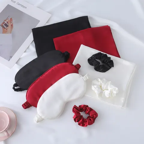 Juego de Dormir de Tres Piezas de Satén de Lujo Suave Color Sólido Máscara para Ojos Funda de Almohada Coletero para Cabello Opaco para Viaje Hogar Relajación