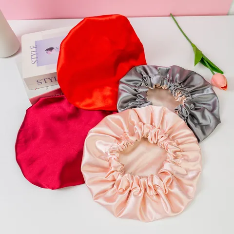 Gorro de Dormir de Satén Transpirable de Doble Capa Banda Ancha Elástica Cuidado del Cabello Gorro de Ducha Ajustable Cómodo para Mujeres Hogar
