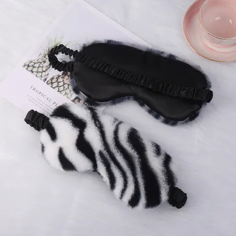 Plush Leopard Print Sleep Eye Mask Soft Synthetic Rabbit Fur Satin Back Blackout Eye Cover For Travel Home Sleeping Men Women