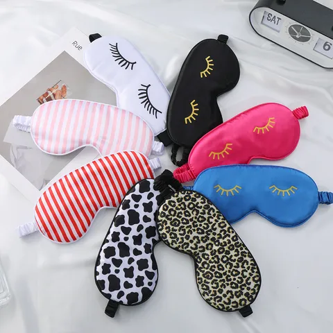 Satin Sleep Eye Mask For Women Soft Blackout Eye Cover With Eyelash Embroidery Cow Leopard Print For Travel Home Nap