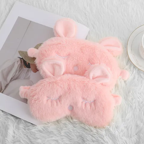 Cute Plush Rabbit Ears Sleep Mask Soft Faux Fur Blackout Eye Mask For Women Girls Travel Nap Aid Embroidered Blindfold Pink